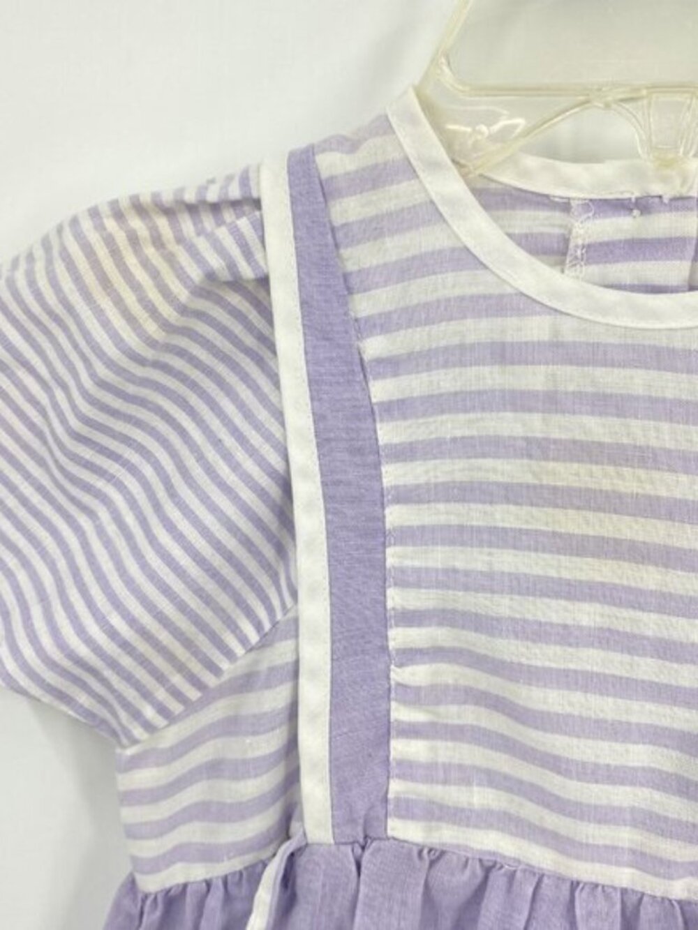 Petite Gamine Vintage Girls Dress Purple White Stripe Faux Apron Cottagecore 6